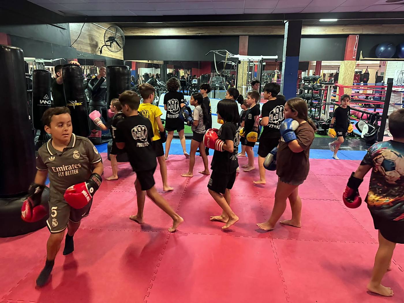 Niños con guantes entrenando en la sala de ABP Sport, con el ring al fondo